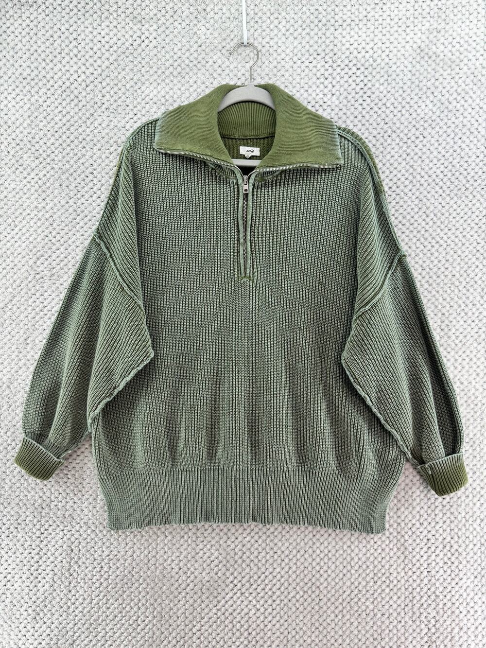 Aerie Oversized Chunky Ribbed Quarter Zip Sweater Womens S Olive Green Collar